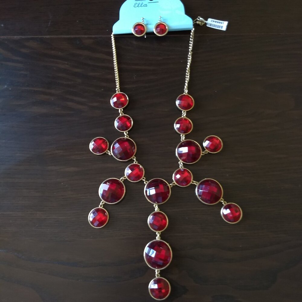 Ella Red Faceted Gold Tone Statement Necklace Earrings Set New Adjustable Party